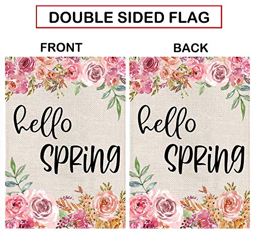 Hello Spring Garden Flag Peony Flowers Burlap Floral in The Air Flags Vertical Double Sided Farm Yard Outdoor Decoration Seasonal Home Décor 12.5 x 18 Inch