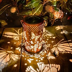 solar lanterns outdoor hanging lantern lights, butterfly hollowed-out metal decor lantern, waterproof led decorative garden light – delicate garden decoration for patio, yard, pathway, landscape