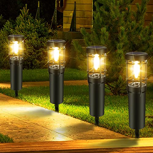 ZWOOS 4-Pack Solar Pathway Lights, Light Up Whole Night (Max. 15h), LED Solar Outdoor Lights for Garden, Driveway, Yard, Lawn, IP65 Waterproof (Warm White)