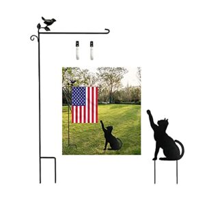 Garden Flag Holder Stand Halloween Decoration Metal Garden Flag Pole Yard Flag Stand with Anti-Wind Clip Decorated with Bird and Cat