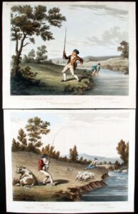 [a pair of angling prints each captioned with quotes from horace and virgil:] sic omnia retro [and:] piscium et summa genus hoesit ulmo