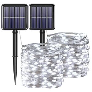 solar christmas string lights cool white outdoor waterproof 100 led（2 pack） 8 modes copper string lights fairy lights for valentine’s day garden, patio, fence, balcony, outdoors(cool white 2pcs）