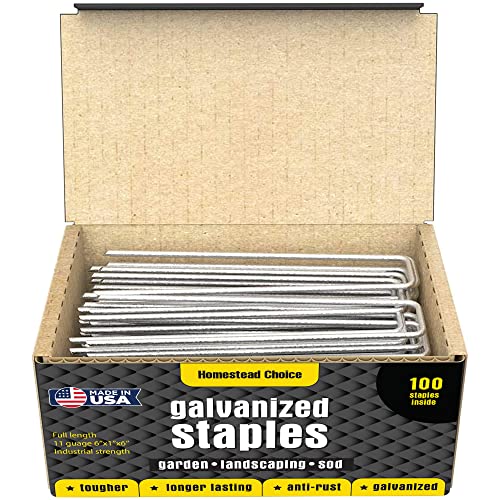 Homestead Choice 6 Inch Galvanized Landscape Staples - 100 Metal Garden Stakes for Gardening - 11 Gauge Anti-Rust Heavy-Duty Ground Sod Pins Yard Stakes for Weed Barrier Fabric Irrigation Tubing Hose