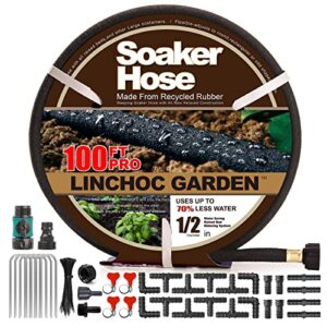 soaker hose,heavy duty 1/2 inch rubber soaker hoses for garden beds save 70% of water drip irrigation kit with connector set for lawn&yard,landscaping (100 ft pro)