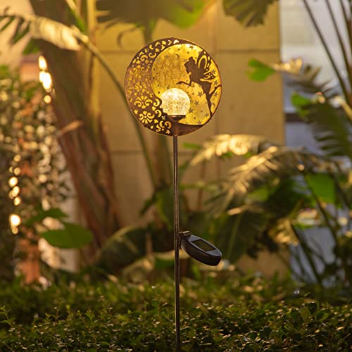 Tryme Garden Solar Lights Fairy Moon Star Glass Globe Pathway Stake Light Metal Angel Decor, Outdoor Decorative Lights Waterproof for Walkway, Yard, Lawn, Patio or Courtyard (Warm White)