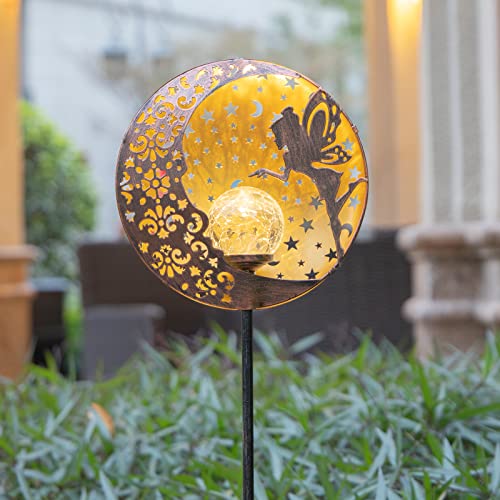 Tryme Garden Solar Lights Fairy Moon Star Glass Globe Pathway Stake Light Metal Angel Decor, Outdoor Decorative Lights Waterproof for Walkway, Yard, Lawn, Patio or Courtyard (Warm White)