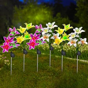 solar garden lights,outdoor lily flower lights 6 pack solar with 24 led lily flowers lights set-durable waterproof multi-color lily flower lights，for garden yard pathway decoration（3 colours）