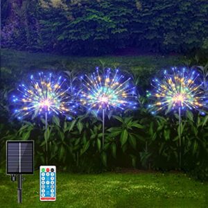 solar garden firework lights, outdoor decorative lights, 3 pack 120 led waterproof solar fireworks lamp with remote, 3 brightness 8 modes sparkles landscape diy light for pathway party decor (colored)