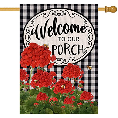 Covido Home Decorative Welcome to Our Porch Geranium Spring Summer House Flag, Flower Black White Buffalo Plaid Check Garden Yard Outside Decoration, Fall Autumn Farmhouse Outdoor Large Decor 28x40