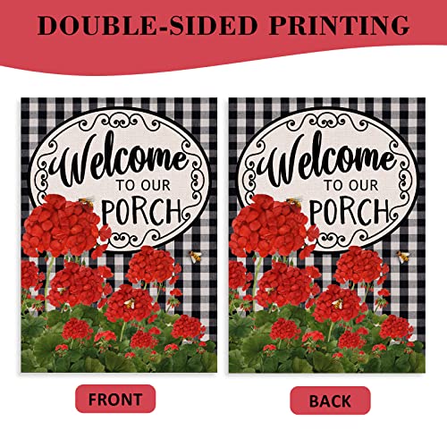 Covido Home Decorative Welcome to Our Porch Geranium Spring Summer House Flag, Flower Black White Buffalo Plaid Check Garden Yard Outside Decoration, Fall Autumn Farmhouse Outdoor Large Decor 28x40