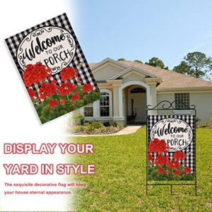 Covido Home Decorative Welcome to Our Porch Geranium Spring Summer House Flag, Flower Black White Buffalo Plaid Check Garden Yard Outside Decoration, Fall Autumn Farmhouse Outdoor Large Decor 28x40