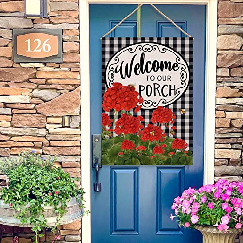 Covido Home Decorative Welcome to Our Porch Geranium Spring Summer House Flag, Flower Black White Buffalo Plaid Check Garden Yard Outside Decoration, Fall Autumn Farmhouse Outdoor Large Decor 28x40