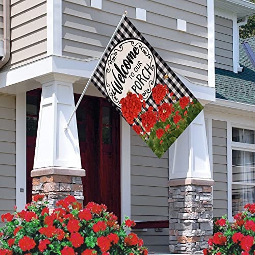 Covido Home Decorative Welcome to Our Porch Geranium Spring Summer House Flag, Flower Black White Buffalo Plaid Check Garden Yard Outside Decoration, Fall Autumn Farmhouse Outdoor Large Decor 28x40