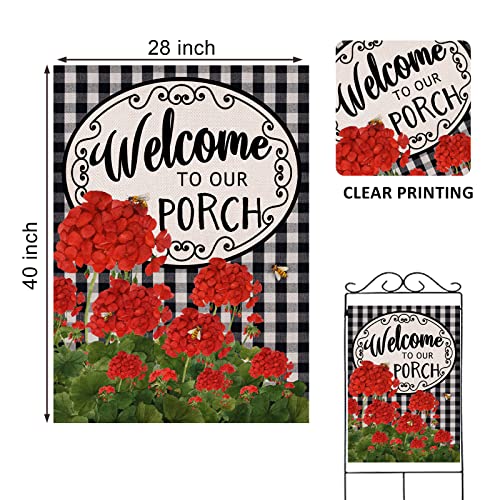 Covido Home Decorative Welcome to Our Porch Geranium Spring Summer House Flag, Flower Black White Buffalo Plaid Check Garden Yard Outside Decoration, Fall Autumn Farmhouse Outdoor Large Decor 28x40