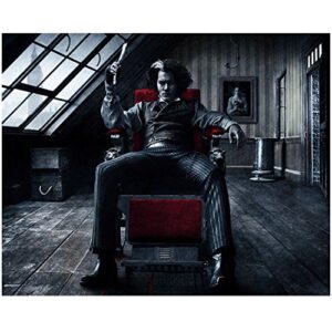 johnny depp 8×10 photo sweeney todd: the demon barber of fleet street seated in chair holding straight razor in right hand kn