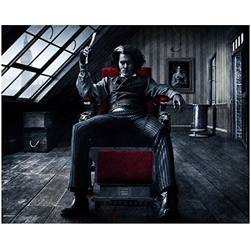 Johnny Depp 8x10 Photo Sweeney Todd: The Demon Barber of Fleet Street Seated in Chair Holding Straight Razor in Right Hand kn