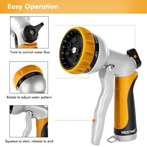 RESTMO Garden Hose Nozzle, Heavy Duty Metal Water Hose Nozzle with 7 Adjustable Spray Patterns, High Pressure Hand Sprayer with Flow Control, Best for Watering Plant & Lawn, Washing Car & Pet, Yellow