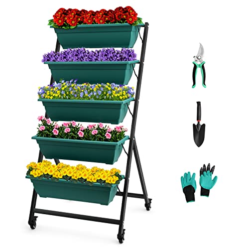 EDOSTORY 4.5 FT Height Vertical Garden Planter Removable Pale Green Raised Bed Box with 5 Container Boxes,Digging Claw Gloves,Trowel,Purning Shears for Outdoor Vegetables Flowers