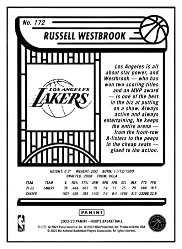 Russell Westbrook 2022-23 Panini Hoops Premium Foil /199#172 NM+-MT+ NBA Basketball Lakers