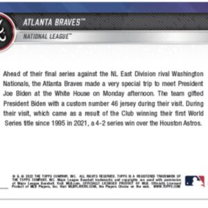 2022 Topps Now Atlanta Braves Brian Snitker President Biden #961-2021 World Series Champions visit the White House - baseball trading card- Shipped in Protective Screwdown Holder.