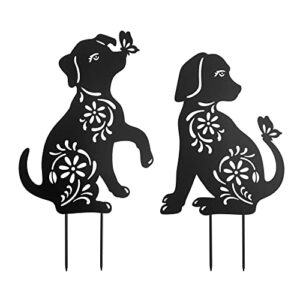 stake garden metal dog garden stakes, yard decor art lawn, outdoor home decor animal silhouette statues, set of 2
