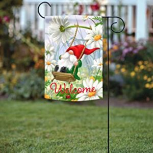 Toland Home Garden 1112626 Welcome Swing Gnome Spring Flag 12x18 Inch Double Sided Spring Garden Flag for Outdoor House Daisy Flag Yard Decoration