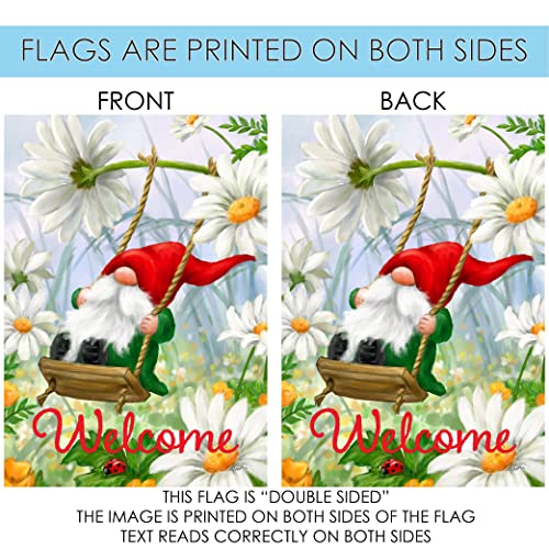 Toland Home Garden 1112626 Welcome Swing Gnome Spring Flag 12x18 Inch Double Sided Spring Garden Flag for Outdoor House Daisy Flag Yard Decoration