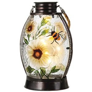 teresa’s collections glass decorative hanging solar lanterns lights, waterproof metal outdoor solar lanterns with bee flowers for tabletop patio lawn yard garden decorations,10 inch tall
