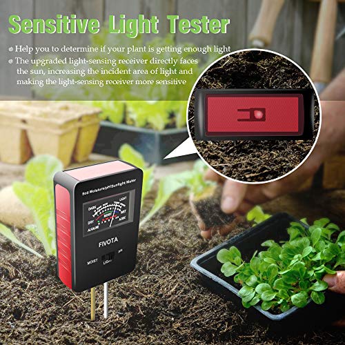 Fivota Soil pH Meter, FV03 Upgraded Large Screen Soil Moisture/Sunlight/pH Tester Backyard Soil Test kit, Reliable Gardening Soil Tool for Garden, Farm, Lawn Indoor & Outdoor Use