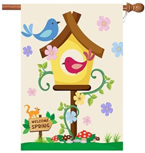 hello spring flag,spring garden flag double sided welcome burlap seasonal house and bird spring house flags 28×40 inch summer yard signs outdoor decor for homes,gardens,patio or lawn with 2 grommets
