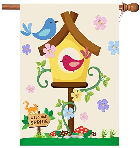 Hello Spring Flag,Spring Garden Flag Double Sided Welcome Burlap Seasonal House and Bird Spring House Flags 28x40 Inch Summer Yard Signs Outdoor Decor for Homes,Gardens,Patio or Lawn with 2 Grommets