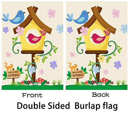 Hello Spring Flag,Spring Garden Flag Double Sided Welcome Burlap Seasonal House and Bird Spring House Flags 28x40 Inch Summer Yard Signs Outdoor Decor for Homes,Gardens,Patio or Lawn with 2 Grommets