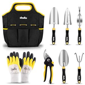 homehua garden tools set, 8 piece stainless steel heavy duty gardening kit with ergonomics soft rubberized non-slip handle, tote bag, gloves, trowel, weeder tools – garden gifts packing for men women