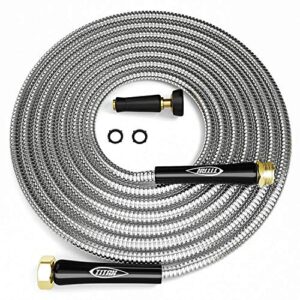titan 100ft metal garden hose – flexible water hose with solid 3/4″ brass connectors 360 degree brass jet sprayer nozzle – lightweight kink free strong and durable heavy duty 304 stainless steel