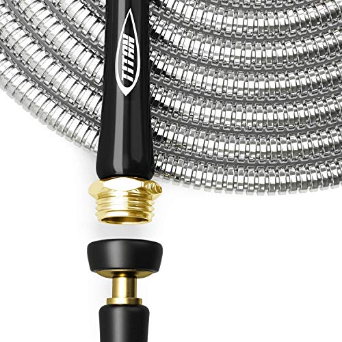 TITAN 100FT Metal Garden Hose - Flexible Water Hose with Solid 3/4" Brass Connectors 360 Degree Brass Jet Sprayer Nozzle - Lightweight Kink Free Strong and Durable Heavy Duty 304 Stainless Steel