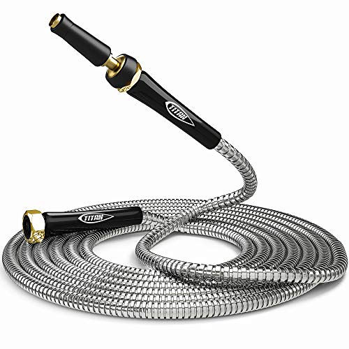 TITAN 100FT Metal Garden Hose - Flexible Water Hose with Solid 3/4" Brass Connectors 360 Degree Brass Jet Sprayer Nozzle - Lightweight Kink Free Strong and Durable Heavy Duty 304 Stainless Steel