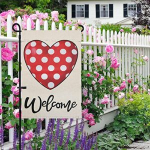 Valentines Day Garden Flag, ESTTOP 12×18 Inch Double Sided Vertical Welcome Potka Dot Heart Yard Flag, Farmhouse Rustic Valentines Day Decor for Outdoor