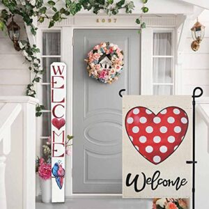 Valentines Day Garden Flag, ESTTOP 12×18 Inch Double Sided Vertical Welcome Potka Dot Heart Yard Flag, Farmhouse Rustic Valentines Day Decor for Outdoor