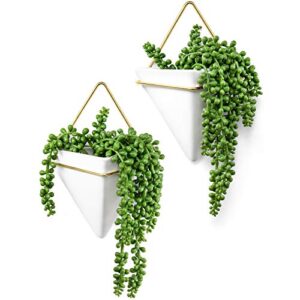 dahey geometric wall planter hanging vase with artificial succulent plants fake string of pearls modern small ceramic wall decor for indoor outdoor home office garden, 2 pack