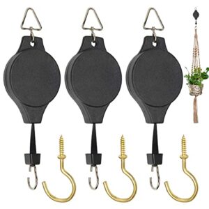 3 pack plant pulley hanger, retractable plant hook pulley, adjustable heavy duty plant hanging pulleys for garden baskets & bird feeder with 3 pcs gold metal ceiling plant hooks (black – 3 pack)