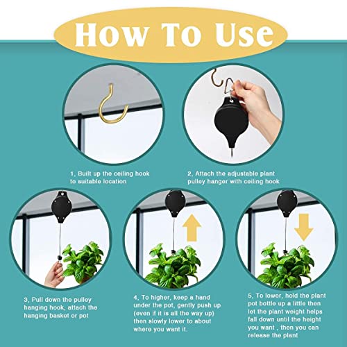 3 Pack Plant Pulley Hanger, Retractable Plant Hook Pulley, Adjustable Heavy Duty Plant Hanging Pulleys for Garden Baskets & Bird Feeder with 3 PCS Gold Metal Ceiling Plant Hooks (Black - 3 Pack)