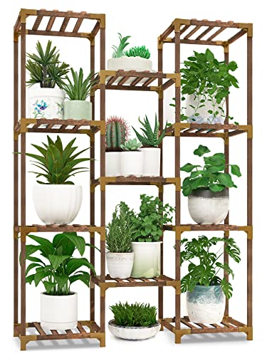 HOMKIRT Plant Stand Indoor Outdoor, 11 Tier Reinforced Plant Shelf Tall Plant Stands for Multiple Plants Large Wood Plant Rack Holder Garden Shelves Flower Stand for Living Room Patio Corner