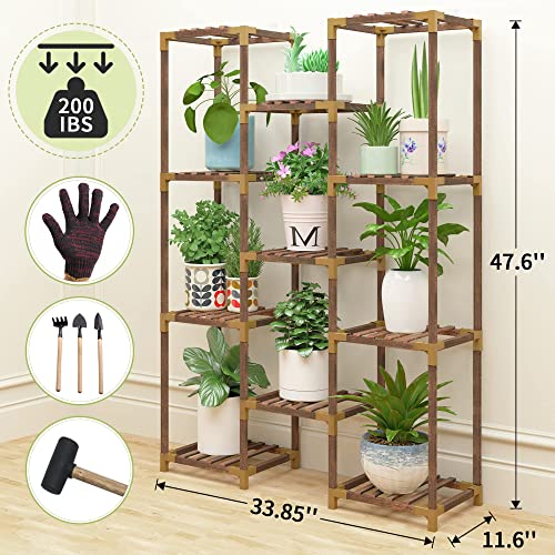 HOMKIRT Plant Stand Indoor Outdoor, 11 Tier Reinforced Plant Shelf Tall Plant Stands for Multiple Plants Large Wood Plant Rack Holder Garden Shelves Flower Stand for Living Room Patio Corner