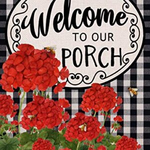 Covido Home Decorative Welcome to Our Porch Geranium Spring Summer Garden Flag, Red Flower Black White Buffalo Plaid Check House Yard Outside Decoration Fall Autumn Farmhouse Outdoor Small Decor 12x18