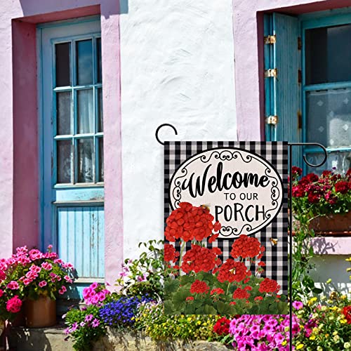 Covido Home Decorative Welcome to Our Porch Geranium Spring Summer Garden Flag, Red Flower Black White Buffalo Plaid Check House Yard Outside Decoration Fall Autumn Farmhouse Outdoor Small Decor 12x18