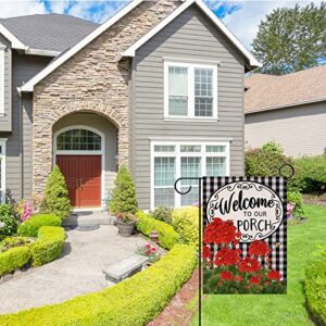 Covido Home Decorative Welcome to Our Porch Geranium Spring Summer Garden Flag, Red Flower Black White Buffalo Plaid Check House Yard Outside Decoration Fall Autumn Farmhouse Outdoor Small Decor 12x18