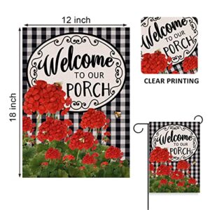 Covido Home Decorative Welcome to Our Porch Geranium Spring Summer Garden Flag, Red Flower Black White Buffalo Plaid Check House Yard Outside Decoration Fall Autumn Farmhouse Outdoor Small Decor 12x18