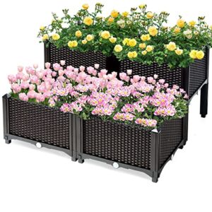renatone set of 4 raised garden beds outdoor, planter box with self-watering design, drain holes, plastic raised garden bed with legs for patio yard gardening, grow vegetables, flowers, herbs(brown)