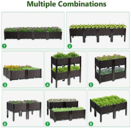 Renatone Set of 4 Raised Garden Beds Outdoor, Planter Box with Self-Watering Design, Drain Holes, Plastic Raised Garden Bed with Legs for Patio Yard Gardening, Grow Vegetables, Flowers, Herbs(Brown)