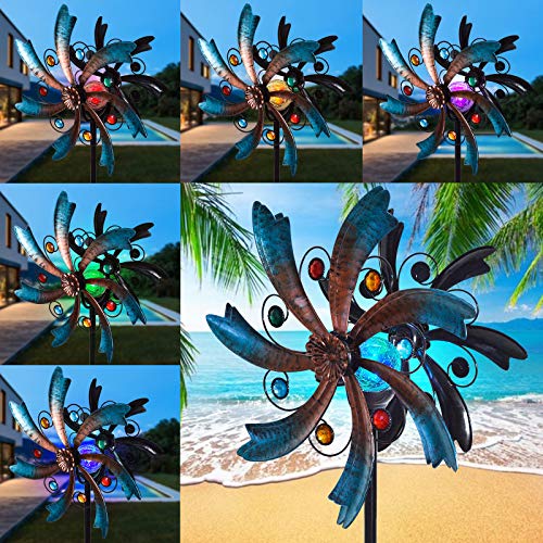 ALLADINBOX 57 Inch Solar Wind Spinner Blue Metal Garden Decor with Multi Color Changing LED Solar Powered Glass Ball Wind Sculpture Spinner Windmills for Yard Patio Outdoor Decoration